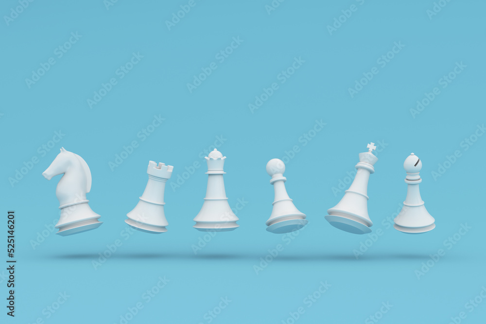 White chess pieces on blue blackground. 3d illustration