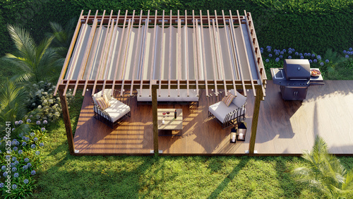 3D render of outdoor garden pergola with gas grill