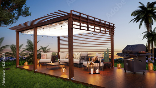 3D render of Teak wood garden deck at twilight