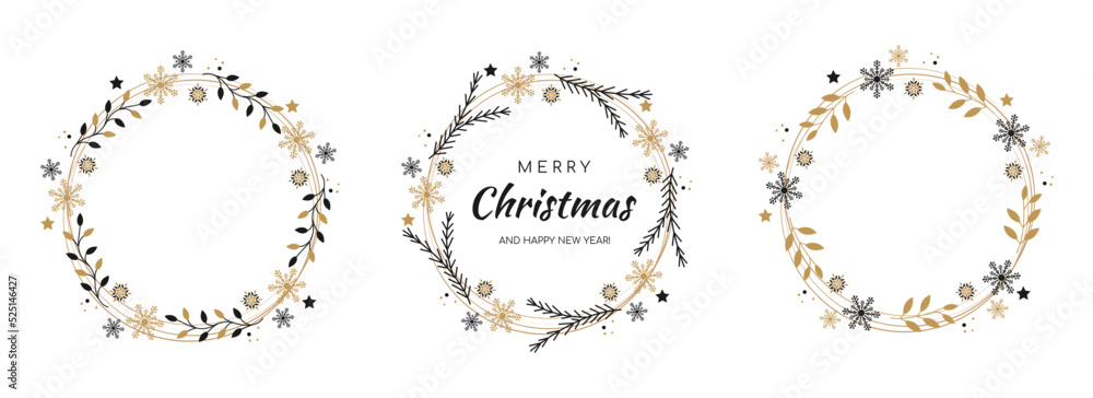 Merry Christmas and New Year wreath with black and golden ornaments. Postcard festive design announcements invitation posters. Winter garland isolated on white background Merry Christmas and New Year wreath with black and golden ornaments. Postcard festive design announcements invitation posters. Winter garland isolated on white background