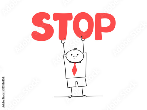 A man with a tie holds a banner with a large red STOP sign. Conceptual simple vector outline illustration about a protesting man.
