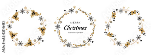 Merry Christmas and New Year wreath with black and golden ornaments. Postcard festive design announcements invitation posters. Winter garland isolated on white background