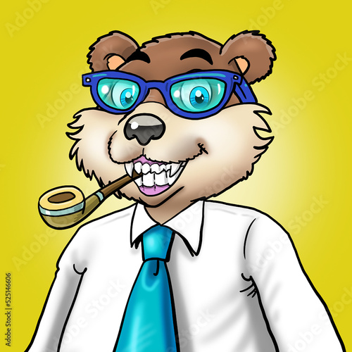 smiling bear mascot with business suit and pipe