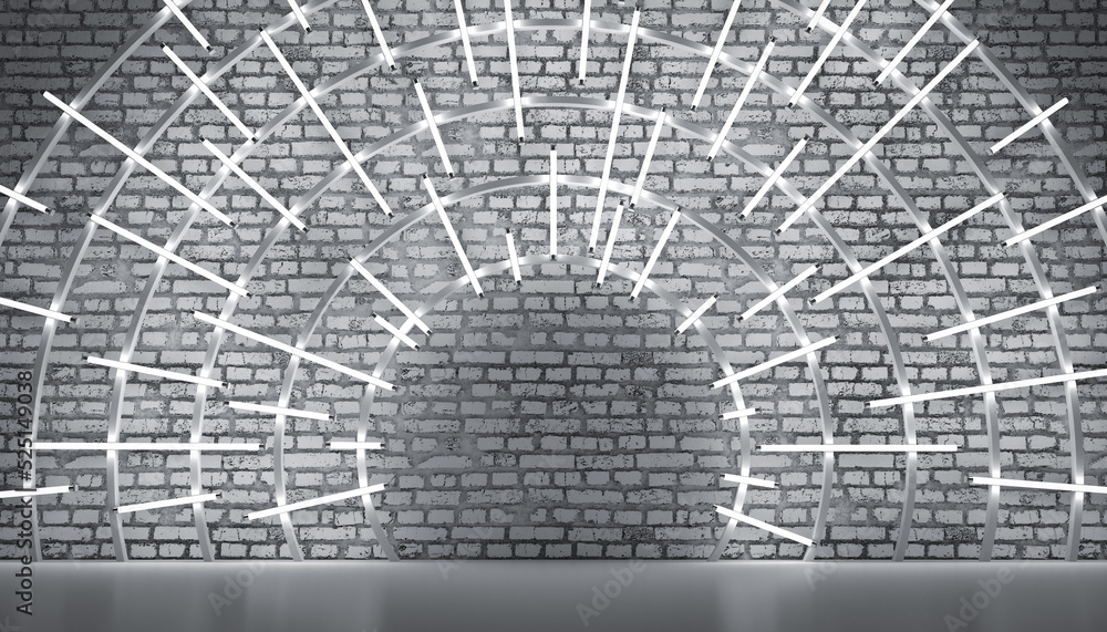 Obraz premium Gray brick wall background, bright lamps in a circle from the center, stage product display, 3d render