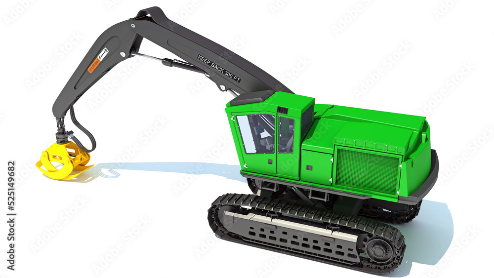 Forest Machine Loader heavy construction machinery 3D rendering on white background Forest Machine Loader heavy construction machinery 3D rendering on white background