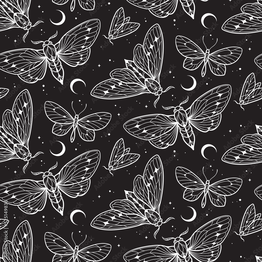 Moths and butterflies over sky with crescent moon and stars seamless pattern hand drawn line art gothic design set isolated vector illustration