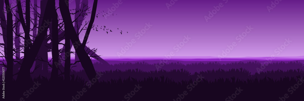 sunset with forest silhouette landscape flat design vector illustration good for wallpaper, background, backdrop, banner, web, ui, adventure, travel, tourism and template