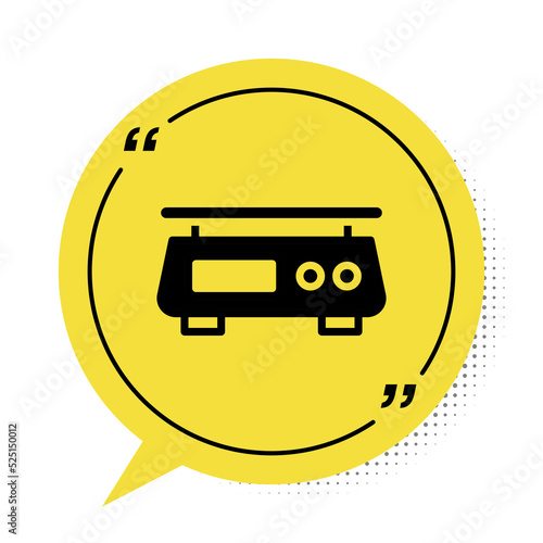 Black Electronic scales icon isolated on white background. Weight measure equipment. Yellow speech bubble symbol. Vector
