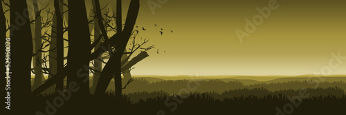 sunset with forest silhouette landscape flat design vector illustration good for wallpaper, background, backdrop, banner, web, ui, adventure, travel, tourism and template