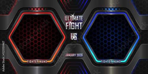 Realistic Ultimate fight sports 3d poster with modern metallic logo for boxing, martial art, muay thai, Wrestling, MMA, kick boxing, street fighting