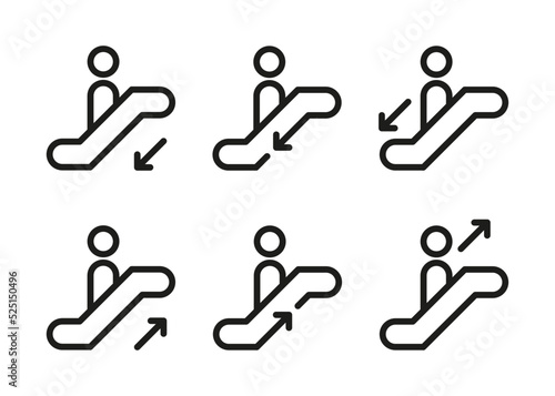 Escalator with an arrow icon. Escalator sign with passenger symbol. Black and white vector illustration.