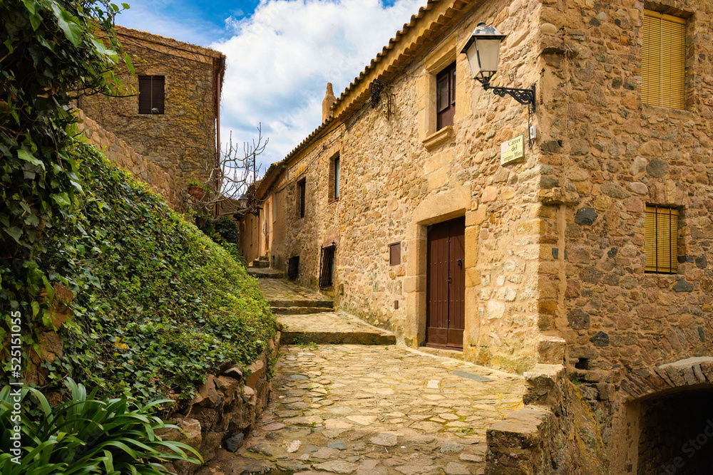 View of one of the streets of the historic center of the castle of Tossa adorned with plants, Costa Brava, Catalonia Spain