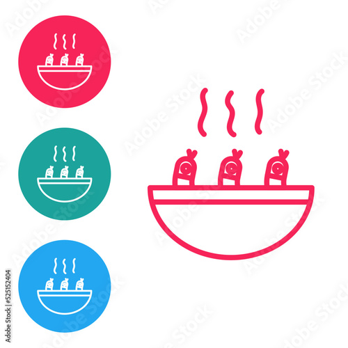 Red line Soup with shrimps icon isolated on white background. Tom yum kung soup. Set icons in circle buttons. Vector.
