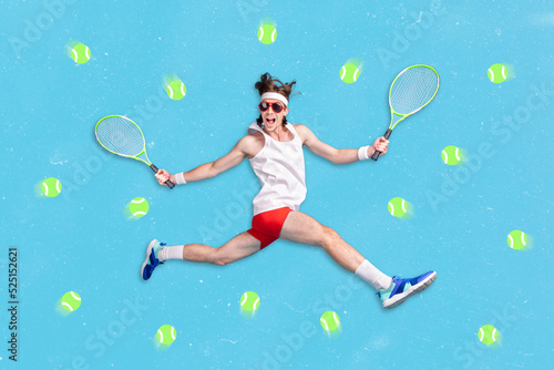Collage photo of funny sporty muscle guy wear glasses hold two rackets crazy playing tennis many balls isolated on blue color background © deagreez