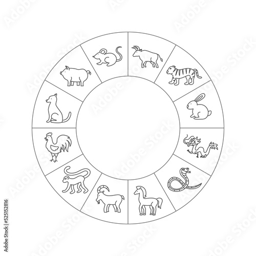 Chinese Zodiac Circle Line. Vector Thin Outline Symbols.