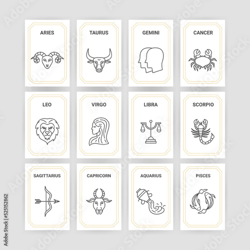 Horoscope 12 Zodiac Cards. Vector Illustration of Mini Paper Templates.