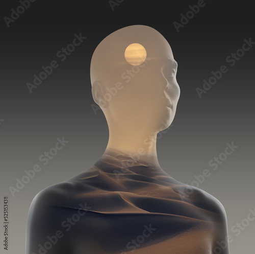 Abstract concept illustration from 3D rendering of a female bust figure overlaid by a CG dunes and moon landscape and isolated on background.