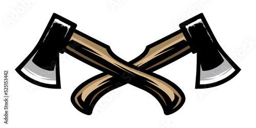 Ax. Axe lumberjack logo. Two crossed axes. Woodworking tool icon. Camping equipment emblem. photo