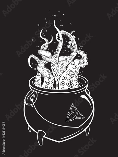 Boiling magic cauldron with octopus tentacles isolated on white background. Hand drawn halloween design vector illustration.