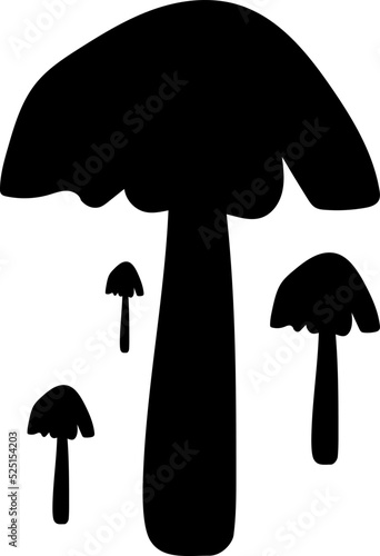 Black Mushrooms Icon or Logo. Poisonous and edible mushroom, chanterelle, cep, amanita and truffle isolated vector illustration set. Forest wild mushrooms types.