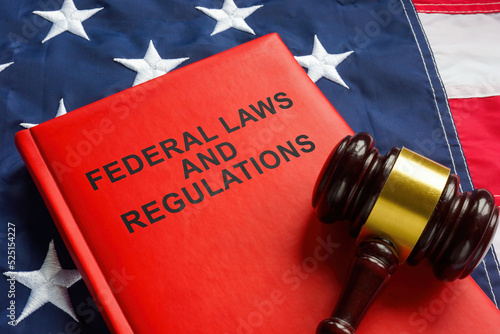 Federal laws and regulations book and gavel on the flag. photo