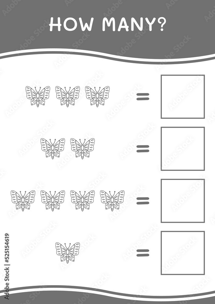 Obraz premium How many of Butterfly, game for children. Vector illustration, printable worksheet