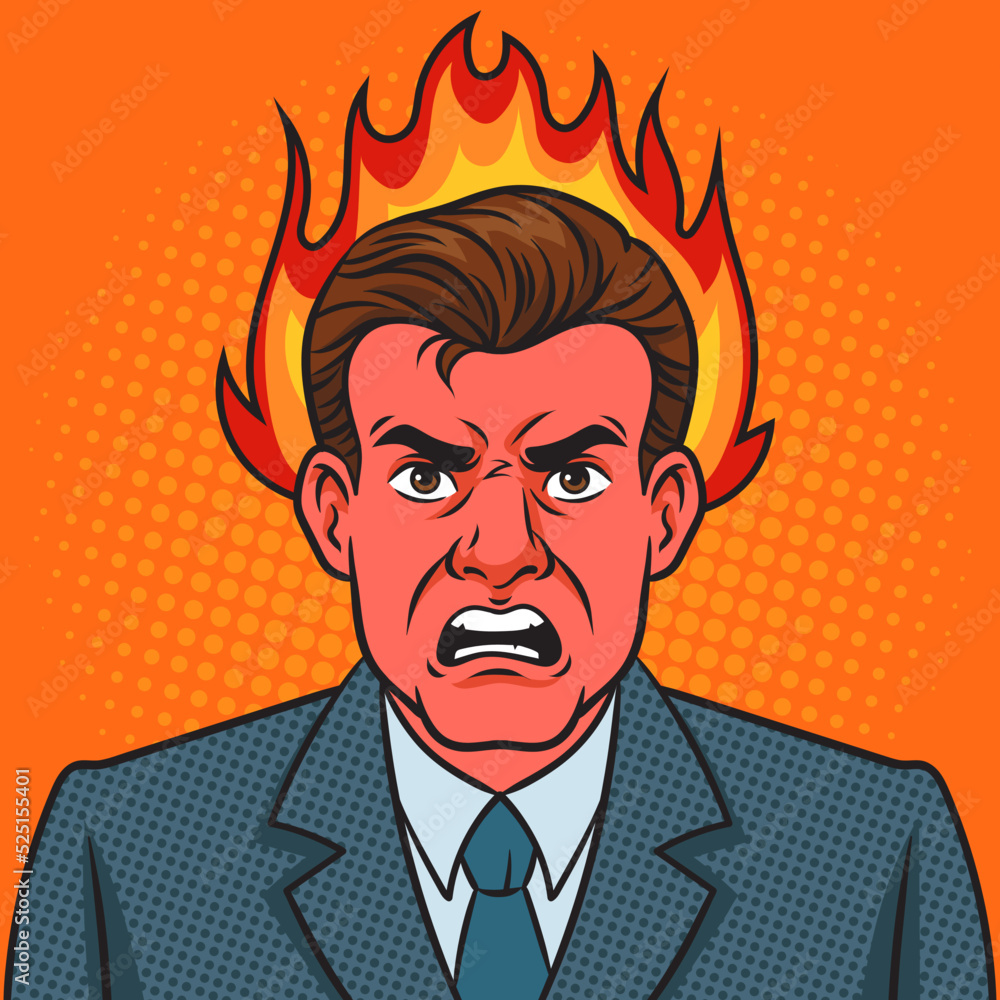 angry aggressive frustrated man businessman with his head on fire pop art retro vector illustration. Comic book style imitation. angry aggressive frustrated man businessman with his head on fire pop art retro vector illustration. Comic book style imitation.