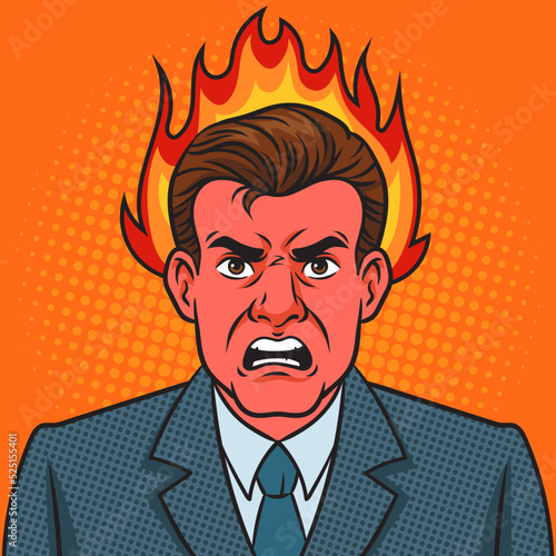 angry aggressive frustrated man businessman with his head on fire pop art retro vector illustration. Comic book style imitation.