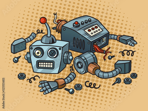 disassembled broken cartoon robot pop art retro vector illustration. Comic book style imitation.