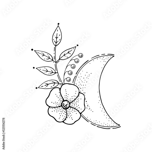 Crescent with flowers. Bohemian moon. Ancient amulet in boho style. Hand drawn vector illustration.