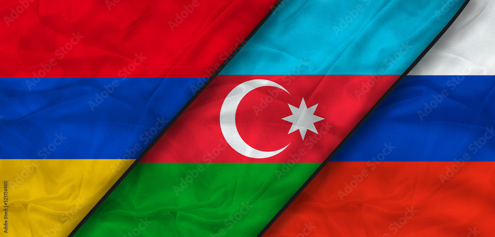 Armenia, Azerbaijan and Russia flags with scar concept. Waving flag, 3D rendering. Armenia Azerbaijan Russia conflict, relations concept. Armenia, Azerbaijan and Russia flags with scar concept. Waving flag, 3D rendering. Armenia Azerbaijan Russia conflict, relations concept.