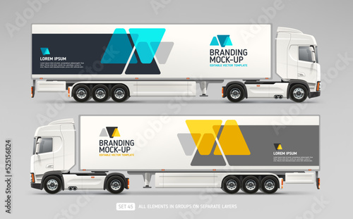 Realistic Cargo Truck Trailer with abstract brand identity design - mock-up set. Abstract geometric graphics design for company branding. Delivery Transport. Editable Vector Mockup