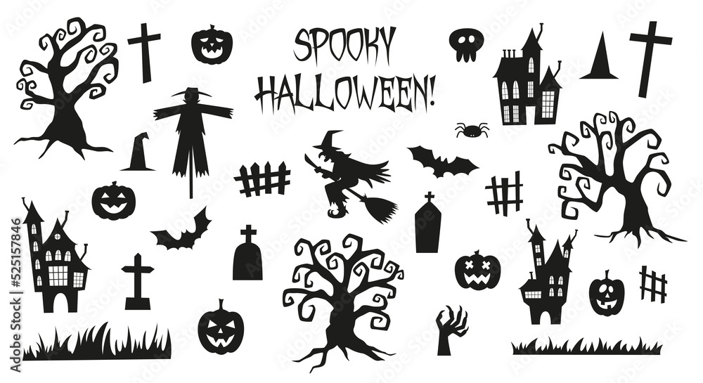 Set of silhouettes for Halloween on a white background. Vector illustration