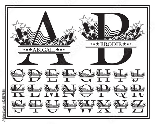 Patriotic split monogram letters with stars and stripes and blank banner to input name. American themed alphabet 