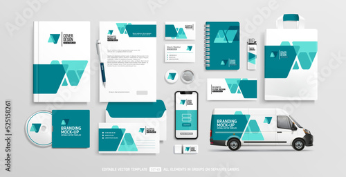 Brand Identity Mock-Up of office stationery set with green abstract geometric design. Business stationary mockup template of, book cover, van car, brochure, smartphone display. Editable vector