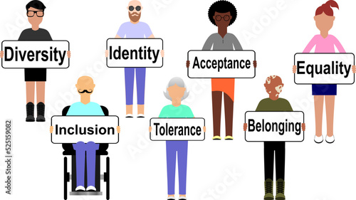 inclusive people holding placard billboard cartoon illustration set in vector format