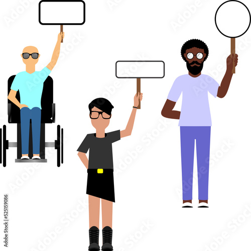 inclusive people holding empty placard billboard cartoon illustration set in vector format