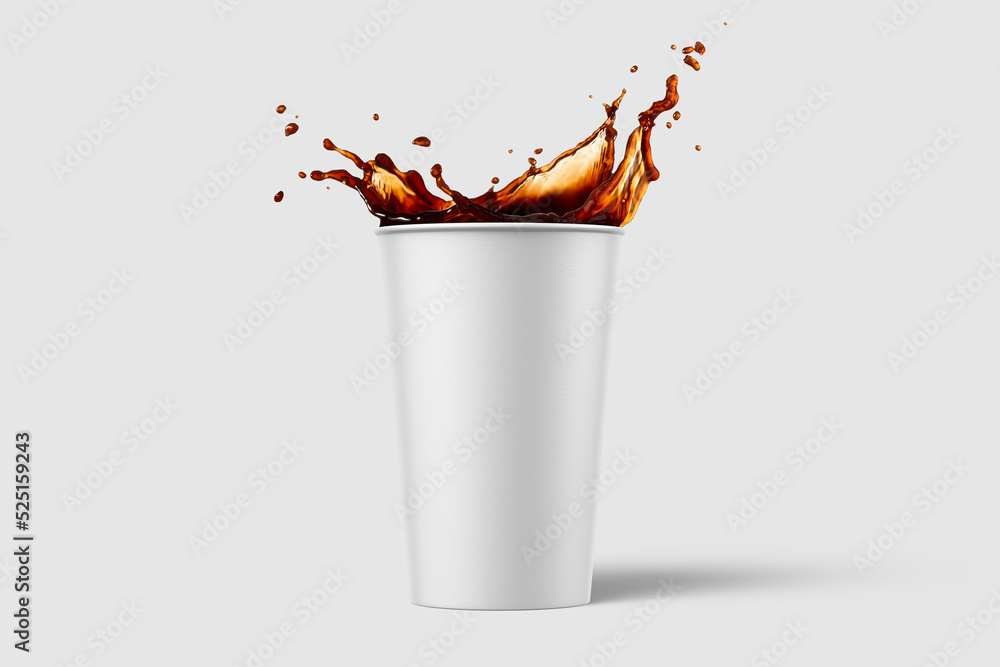 Paper soda cup with cola splash mockup template, isolated on light grey