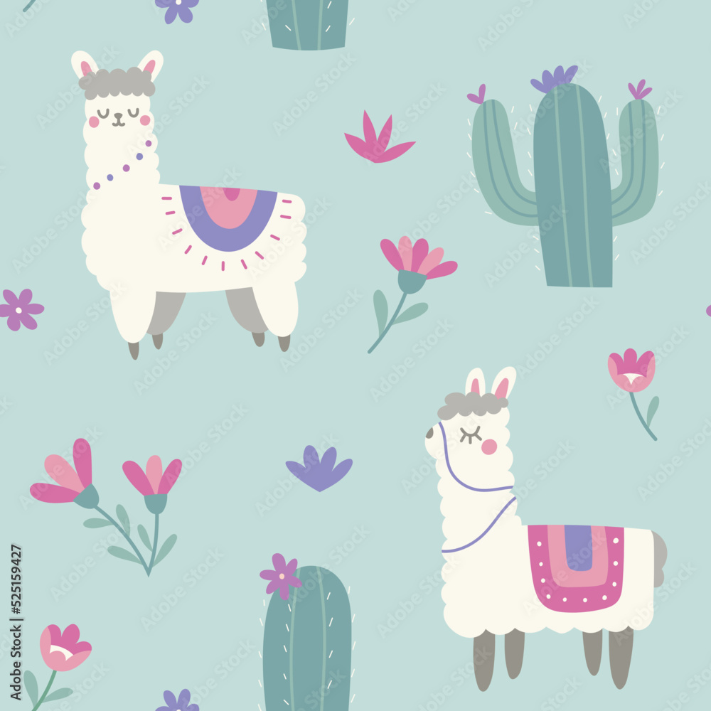 Cute seamless pattern with llama and floral elements. Vector illustration with cartoon drawings for print, fabric, textile.