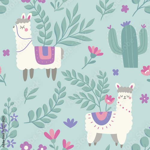 Cute seamless pattern with llama and floral elements. Vector illustration with cartoon drawings for print, fabric, textile.