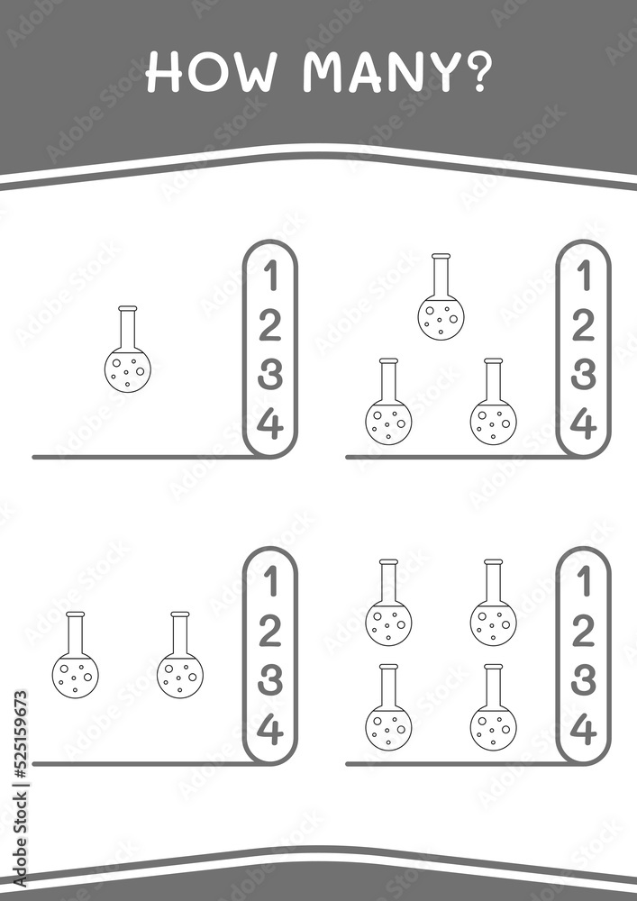 How many of Chemistry flask, game for children. Vector illustration, printable worksheet How many of Chemistry flask, game for children. Vector illustration, printable worksheet