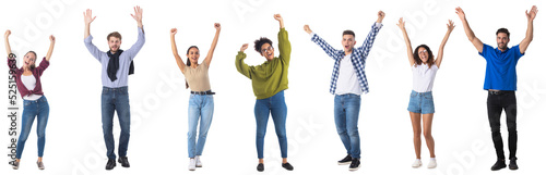 People with raised arms on white photo