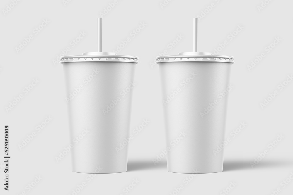 Two paper soda cup with straw mockup template, isolated on light grey