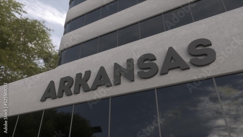 Arkansas sign on a modern skyscraper. Arkansas building. 3d illustration