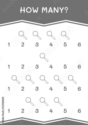 How many of Magnifying glass, game for children. Vector illustration, printable worksheet