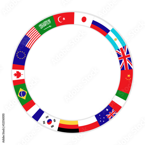 Round frame from flags of countries. Template for design. Vector illustration. Place for text.