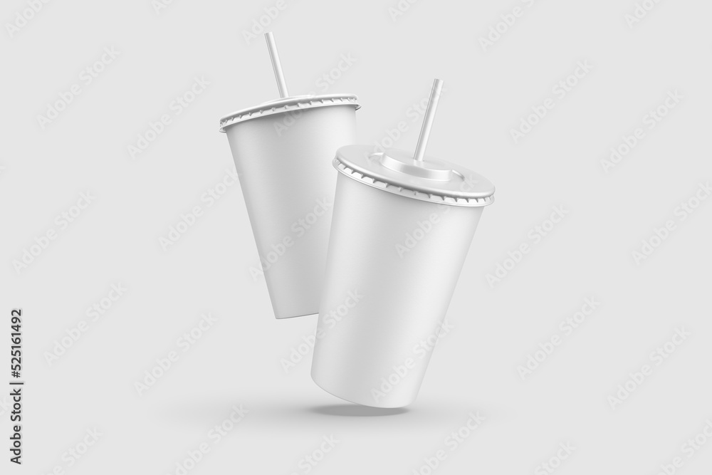 Two paper soda cup with straw mockup template, isolated on light grey background. High resolution. Two paper soda cup with straw mockup template, isolated on light grey background. High resolution.