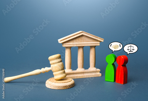 Court and justice. Sides of judgment trial come to a compromise. Reaching consensus. Extrajudicial agreement. Settlement of the problem in a particular case. Resolution of disputes and conflicts. photo