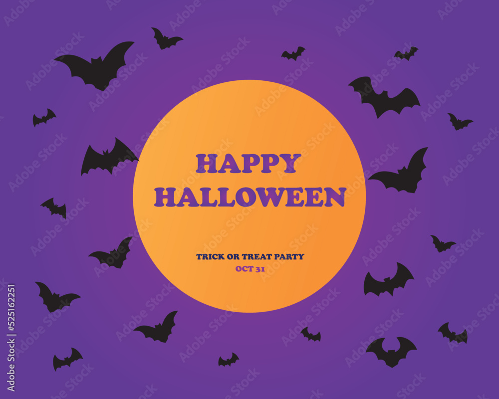Happy Halloween banner with Full moon in the sky, bats aroud the moon. Vector illustration. Place for text Happy Halloween banner with Full moon in the sky, bats aroud the moon. Vector illustration. Place for text
