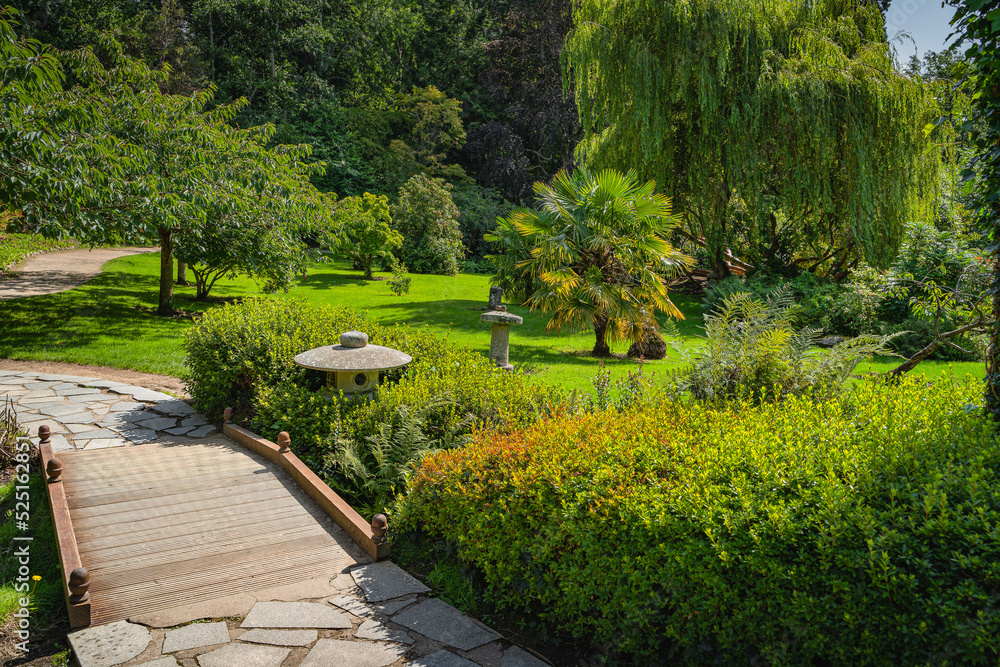 Japanese style garden with footpaths, small wooden bridges and lush green vegetation in Powerscourt gardens, Enniskerry, Wicklow, Ireland